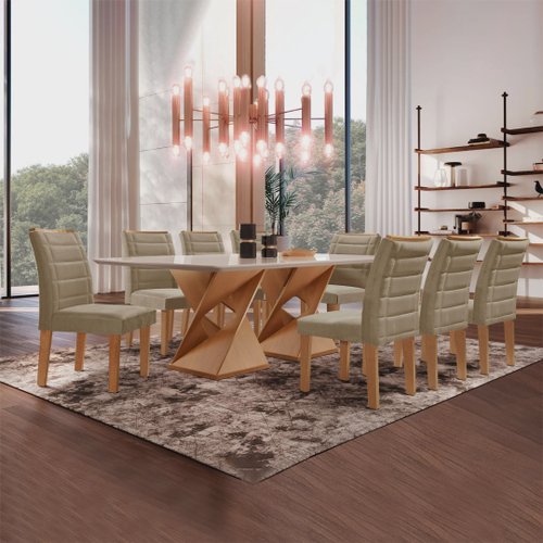 Conjunto De Mesa De Jantar Com 8 Cadeiras Belíssima Suede Liso Off White E  Bege