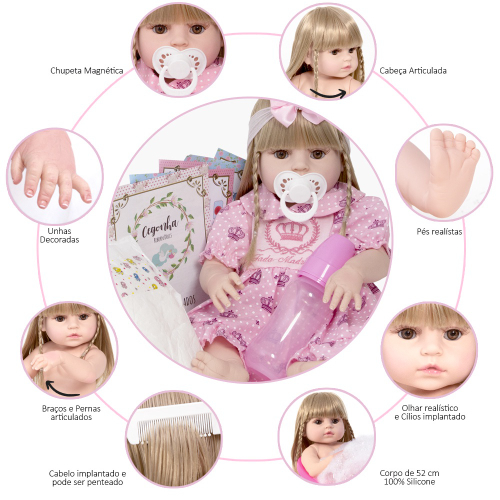 Boneca Bebê Reborn Loira Silicone 55cm Enxoval