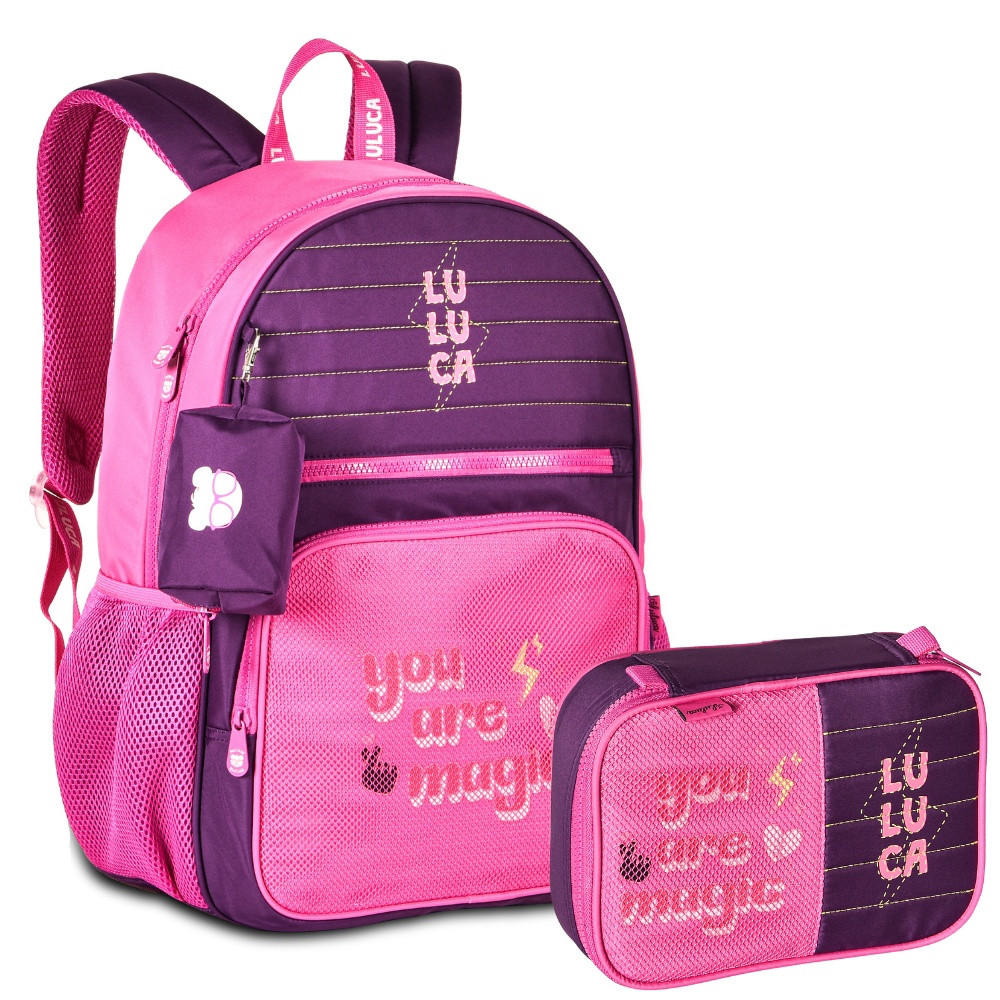 Kit Mochila de Costas e Estojo Oficial LULUCA Roxo com Rosa - Roxo