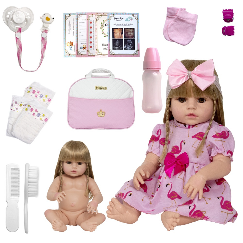 Boneca Bebê Reborn Cabelo Castanho + Bolsa 20 Itens Enxoval - USA