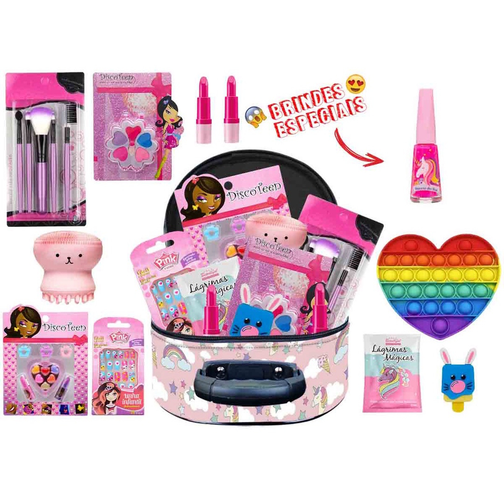 Kit de maquiagem infantil para meninas, conjunto completo de malas