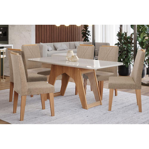 Conjunto de Mesa de Jantar com 6 Cadeiras Estofadas Maia I Veludo Off White  e Creme na Americanas Empresas