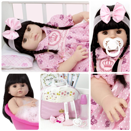 Boneca Bebê Reborn Princesa Morena Roupa Rosa 53cm - ShopJJ - Brinquedos, Bebe  Reborn e Utilidades