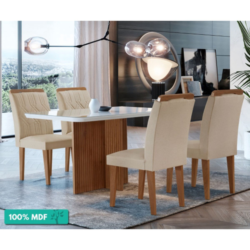 Conjunto de Mesa de Jantar com 6 Cadeiras Lívia Linho Off White e Turim 200  cm