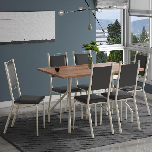 Conjunto de Mesa de Jantar com 6 Cadeiras Estofadas Maia I Veludo Off White  e Creme na Americanas Empresas