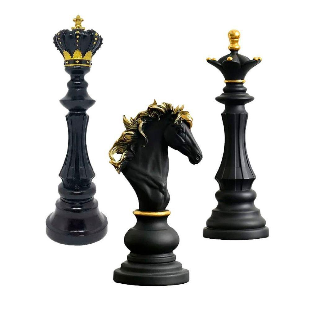 Decoração Peças De Xadrez Preto Rei Rainha E Cavalo Escultura Média Estátua  no Shoptime