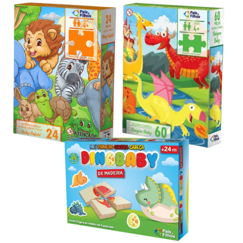 Kit 3 Jogos Infantil Quebra-Cabeca Animais Brinquedo Criança