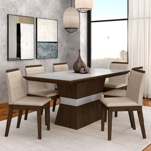 Conjunto de Mesa de Jantar com 6 Cadeiras Lívia Linho Off White e Turim 200  cm