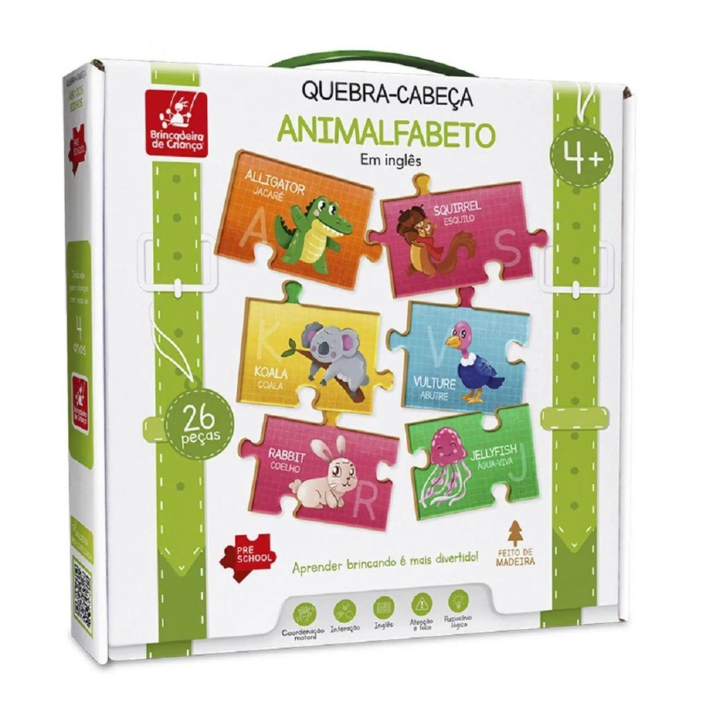 Jogo Quebra Cabeca Madeira Em Ingles Animalfabeto 26Peca +6A