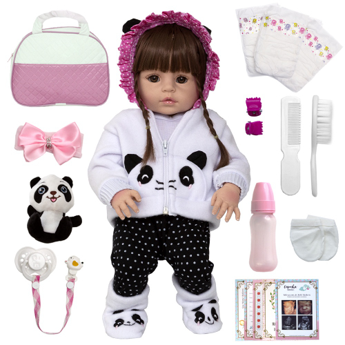 Brastoy Boneca Bebê Reborn Menina Silicone Panda Olhos Castanhos 48cm Pode  Dar Banho