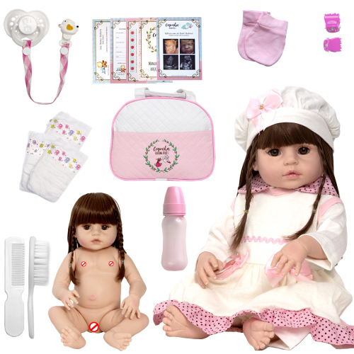 Boneca Bebê Reborn Cabelo Castanho + Bolsa 20 Itens Enxoval - USA