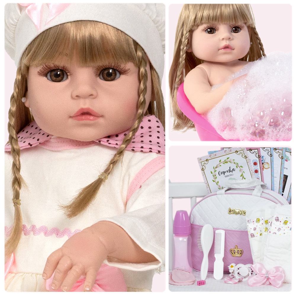 Bebê Reborn Loira Cabelo Longo Fofinha 46cm Vários Itens no Shoptime