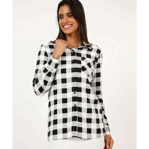 Camisa Feminina Manga Longa Xadrez com Bolso Flanela