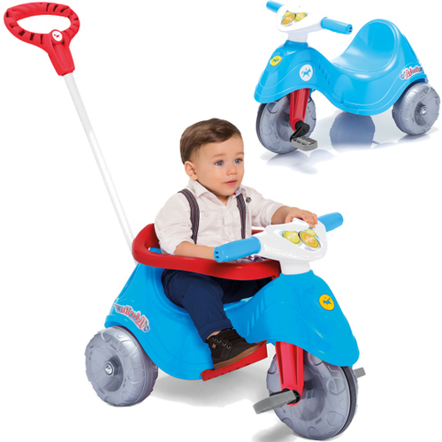 Triciclo Infantil Com Empurrador Pedal Cesta Azul Motoca