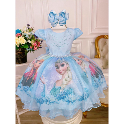 Vestido Infantil Frozen Branco e Azul Elsa Anna Temático no Shoptime