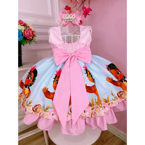 Vestido Infantil Moana Baby Rosa Temático Aniversário Rodado