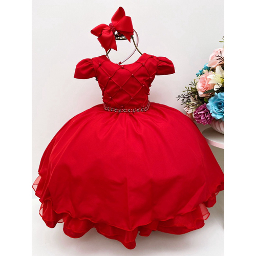 Vestido Princesa Infantil Vermelho Com Dourado