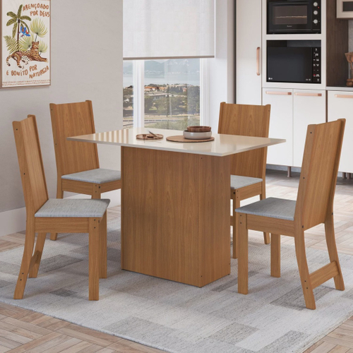 Conjunto de Mesa Com 4 Cadeiras Para Cozinha Tampo Retangular 1,06m Praiana  Araúna Off White e Bege