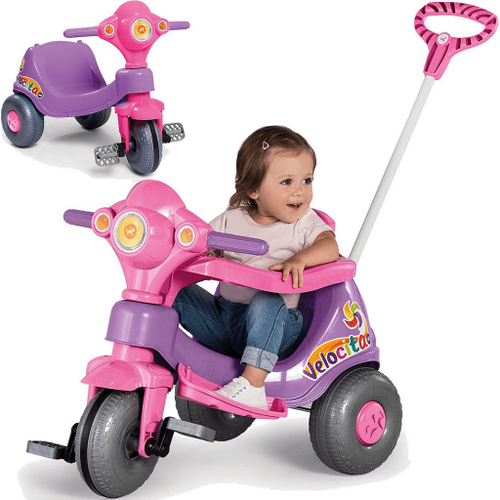 Triciclo de Passeio e Pedal para Bebe Calesita Moto Uno Rosa