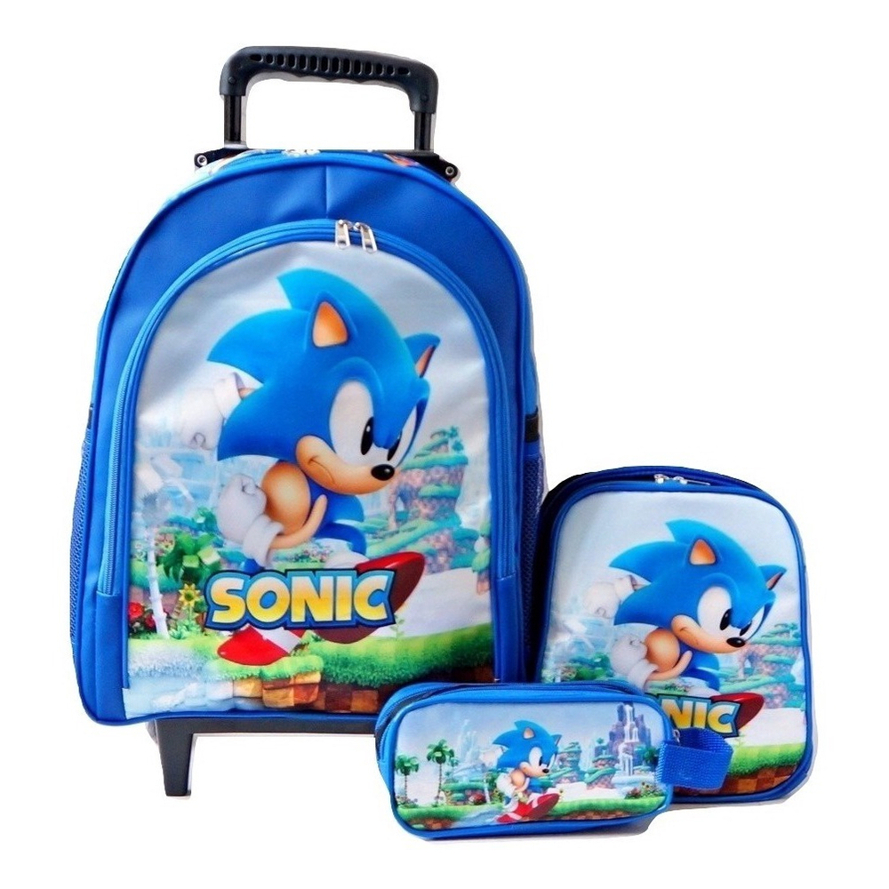 kit mochila de rodinhas Sonic jogo game infantil escolar meninos