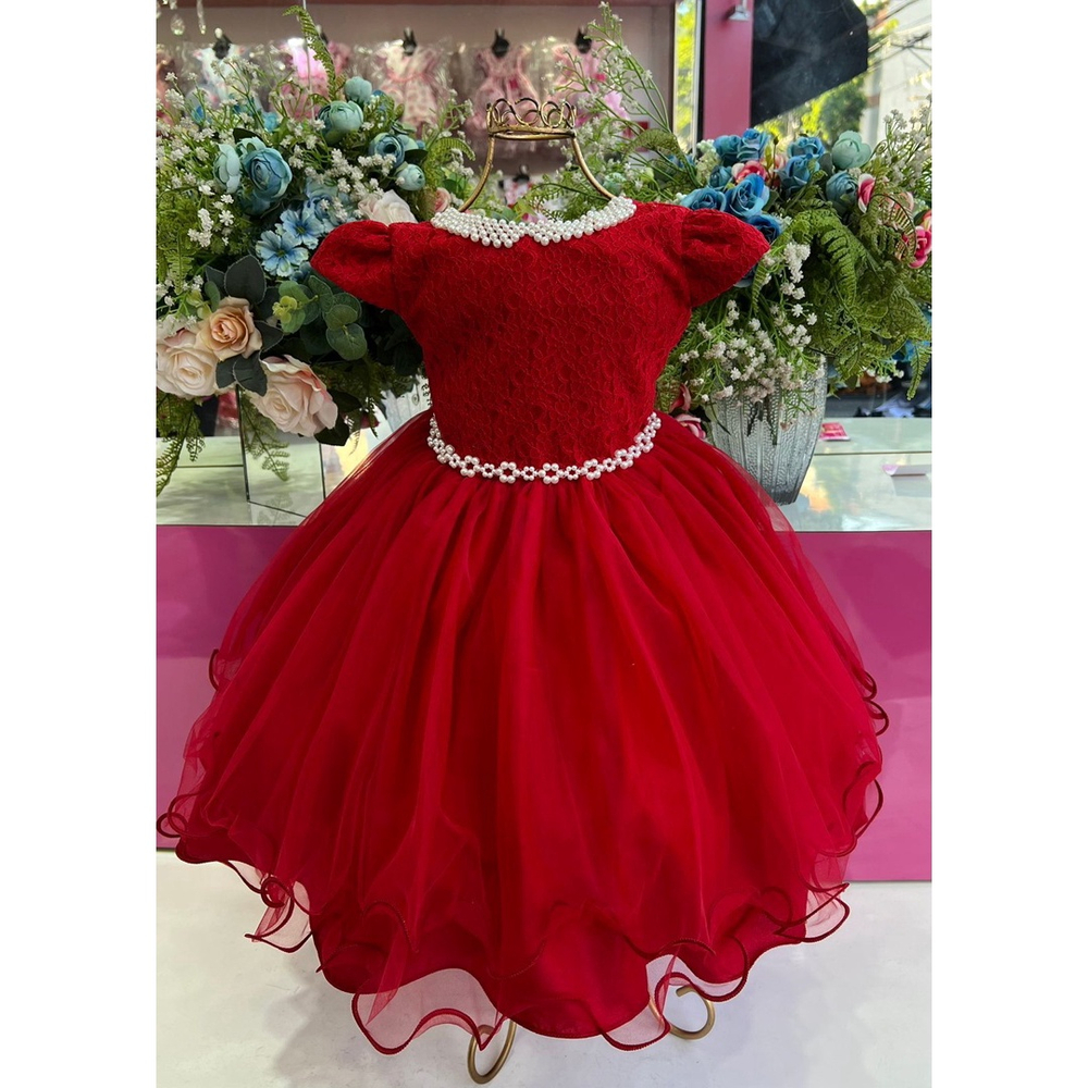 VESTIDO FESTA PRINCESA LUXO VERMELHO TULE COM PÉROLAS SOB L49ESQMD8