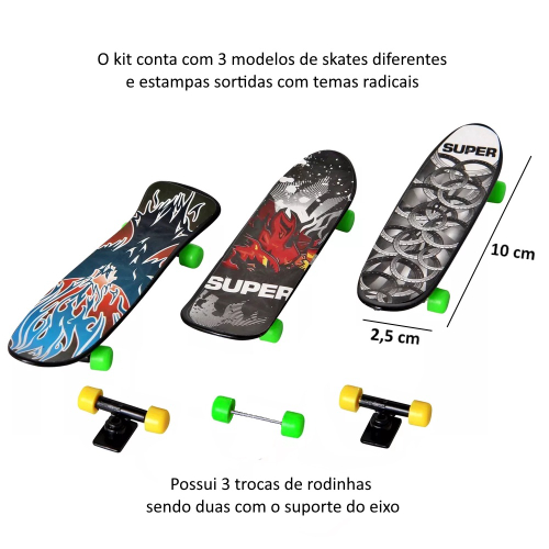 Kit 3 Skates de Dedo de Plástico Xtreme 3 Peças Estampado - SKATE brinquedo  menino menina diversão