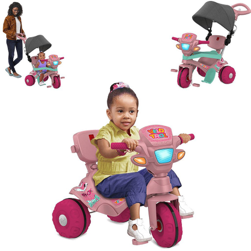 Triciclo Infantil com Capota - Passeio e Pedal - Rosa - Bandeirante