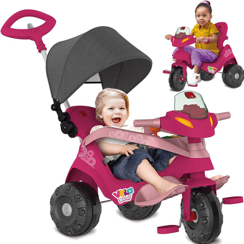 Triciclo Infantil com Capota - Passeio e Pedal - Rosa - Bandeirante