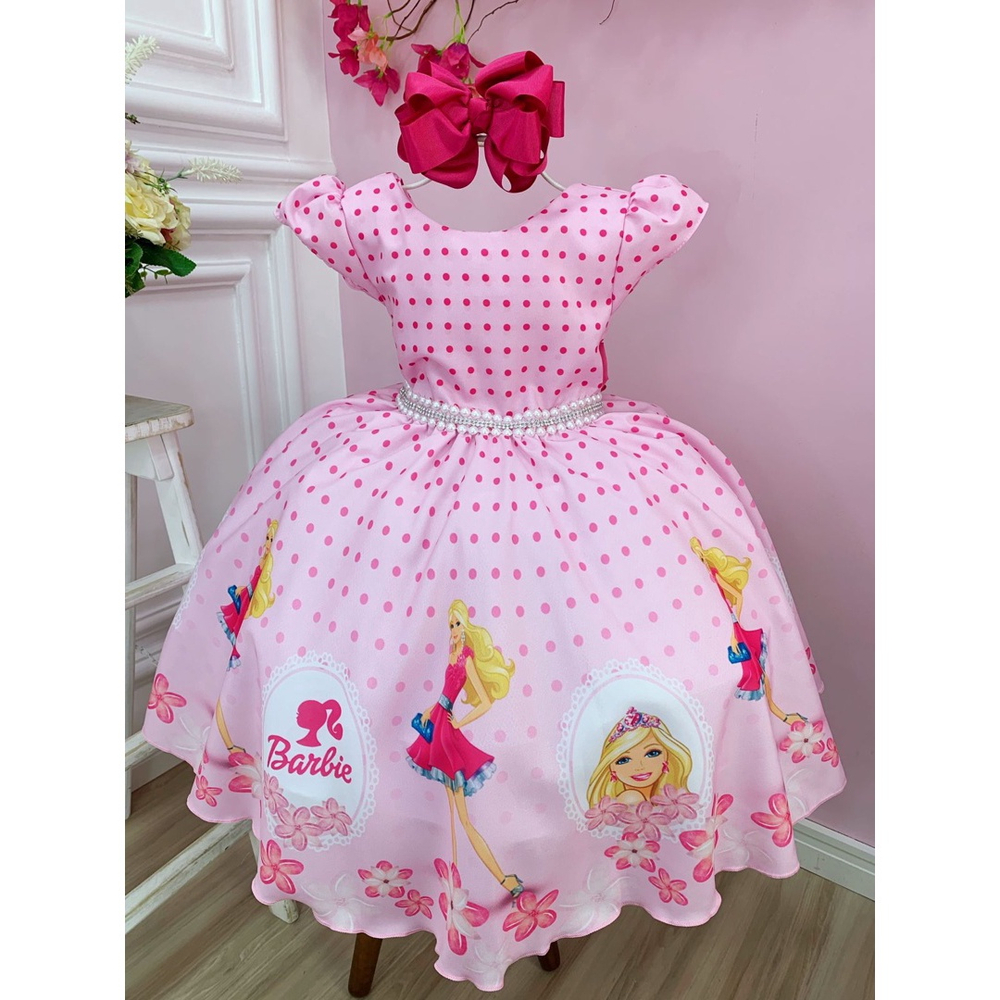 Vestido Infantil Barbie Luxo Rosa Com Cinto de Pérolas - Roupa