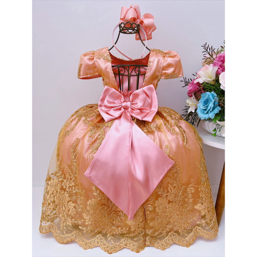 Vestido Infantil Rosa Dourado Realeza Princesa