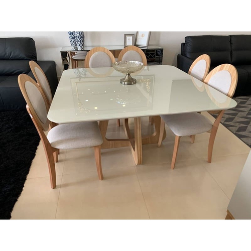 Conjunto Mesa de Jantar 8 Lugares Quadrada com 8 Cadeiras em Madeira  Belissima Bege 150x150cm - ecadeiraslegacy