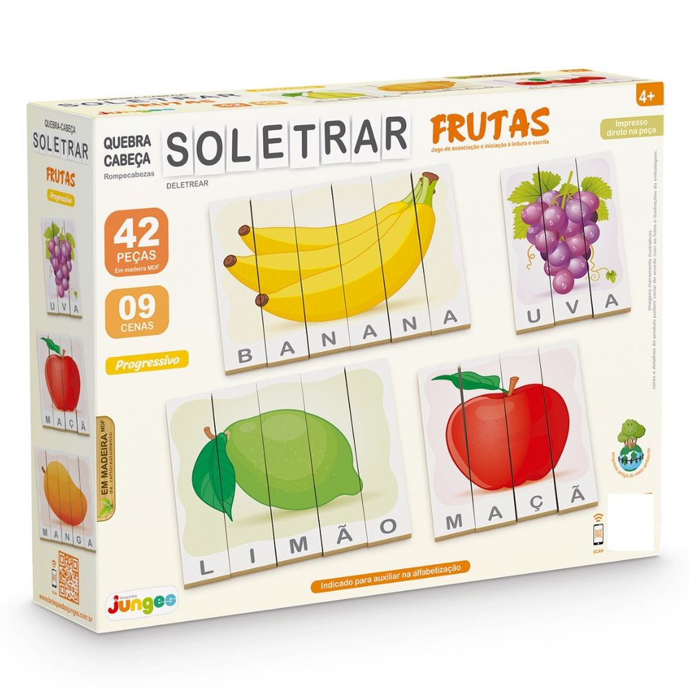 Quebra-Cabeça Silábico Frutas - Jogo para Alfabetização em Madeira