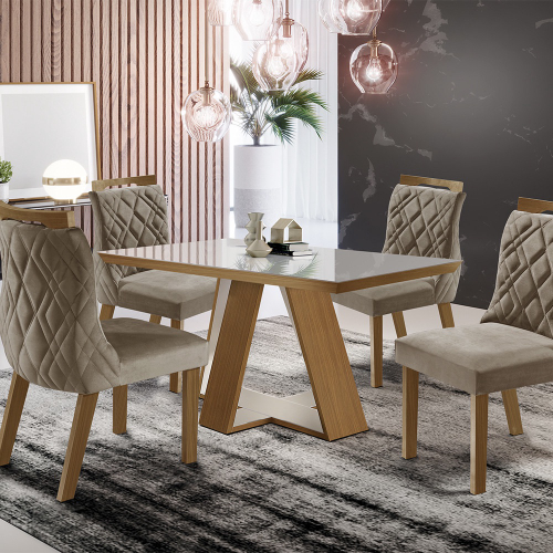 Conjunto Sala De Jantar Mesa Tampo Mdf E Vidro E 4 Cadeiras Lottus em  Promoção é no Buscapé