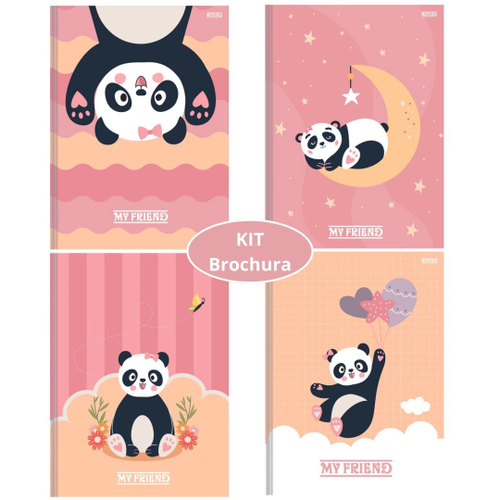 Kit Caderno Urso Panda Brochura 80 Folhas e Desenho 60 Folhas Capa