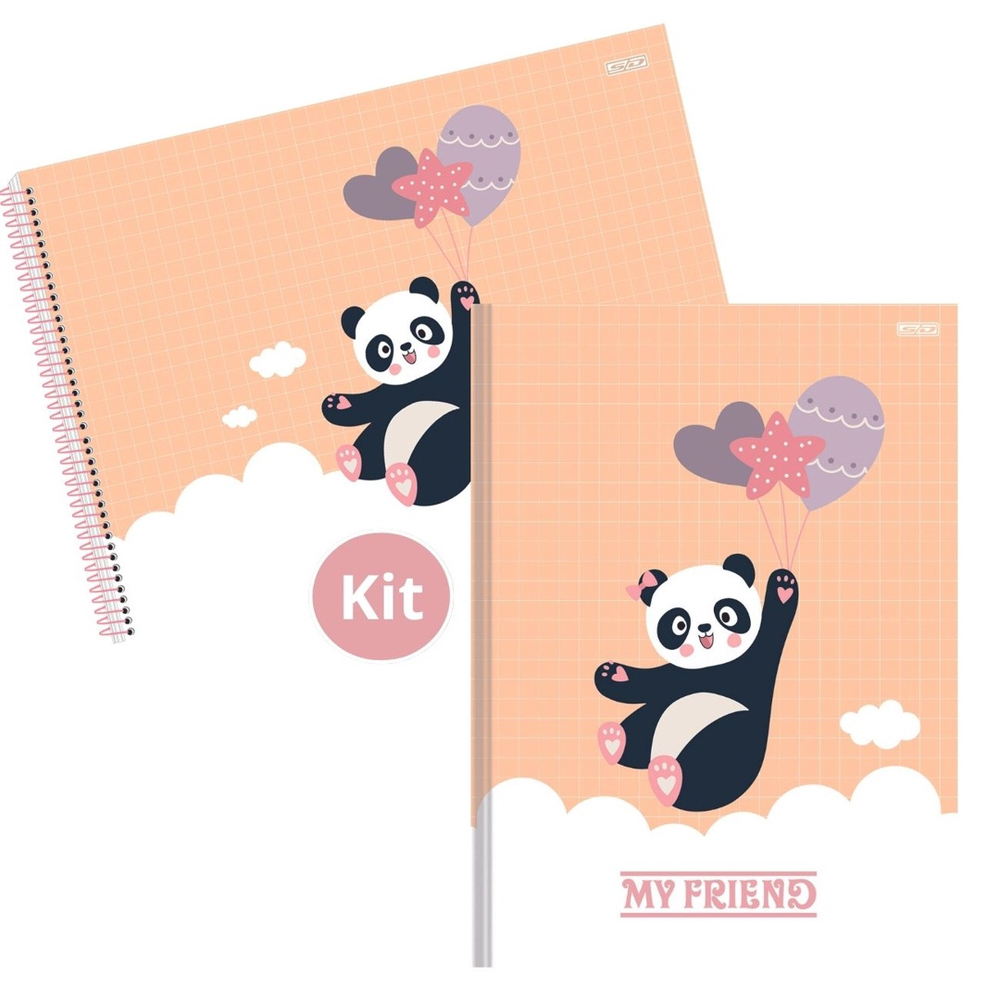 Kit Caderno Urso Panda Brochura 80 Folhas e Desenho 60 Folhas Capa