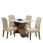 Conjunto De Mesa Sala De Jantar Tampo Com Vidro Grécia 4 Cadeiras Off White / Bege / Cedro 1,36m Dobuê Cedro / Off White