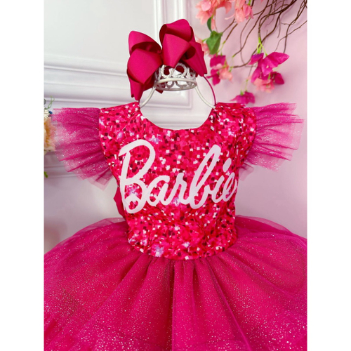 Vestido infantil Barbie Pink Babados Com Glitter Brilho - Fabuloso Ateliê