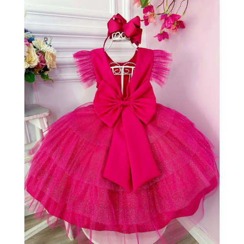 Vestido infantil Barbie Pink Babados Com Glitter Brilho - Fabuloso Ateliê