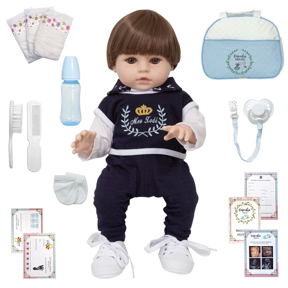 Boneca Bebe Reborn Realista Fofa com Roupa Azul e Itens Luxo