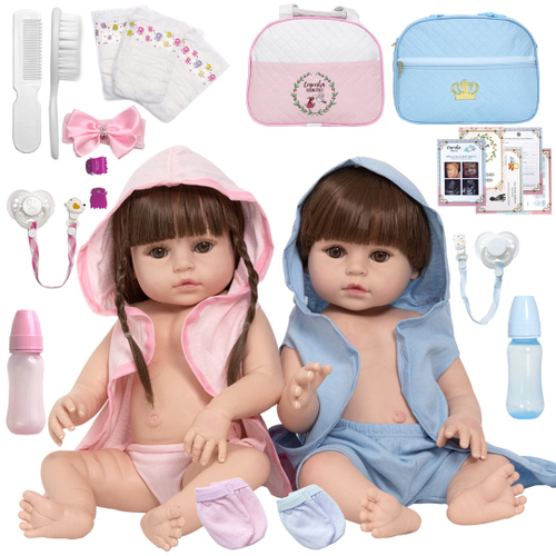 2 Bebes Reborn Casal Gemeos 100% Silicone Menino Menina Bolsa Acessórios