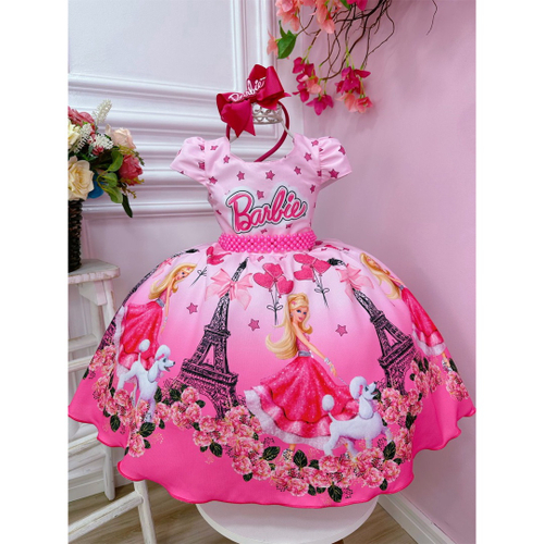 Vestido Infantil Barbie em Paris Rosa e Pink Cinto Pérolas - Fabuloso Ateliê