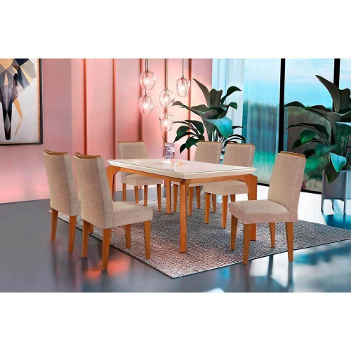 Conjunto Mesa de Jantar Neiva Redonda Vidro Creme e 6 Cadeiras Curvata  Linho Árido : Sala de Jantar - Sala de Jantar Completa : Julia Arns