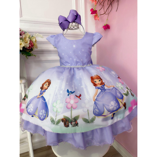 Vestido Infantil Princesa Sofia com Saiote e Luvinha Luxo - Lilás