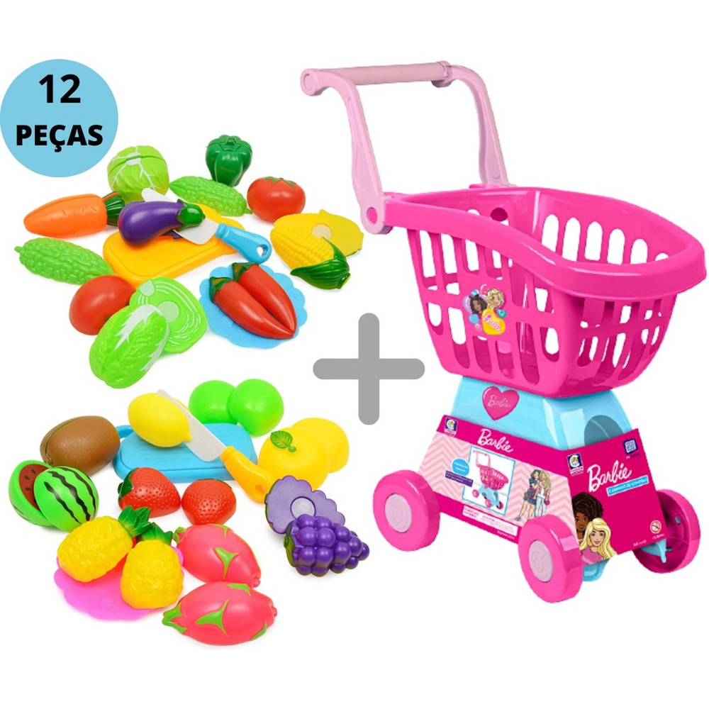 Kit Brinquedo Infantil Mercadinho Carrinho De Compras Barbie Chef