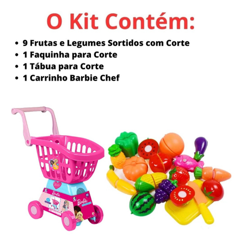 Kit Brinquedo Infantil Mercadinho Carrinho De Compras Barbie Chef