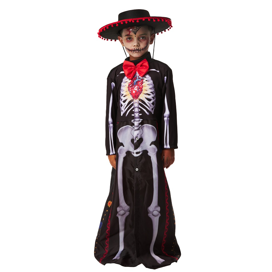 Fantasia de Halloween Infantil Masculina Esqueleto Mariachi Curto Com  Máscara