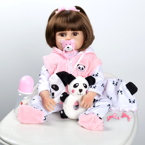 Brastoy Bebê Reborn Boneca Silicone Menina Olhos Castanhos Panda