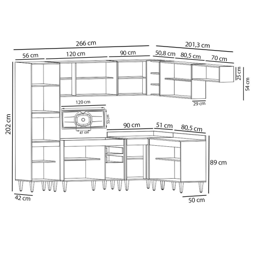 Armário de Cozinha Modulada de Canto 8 Peças CP03 Balcão com Pia