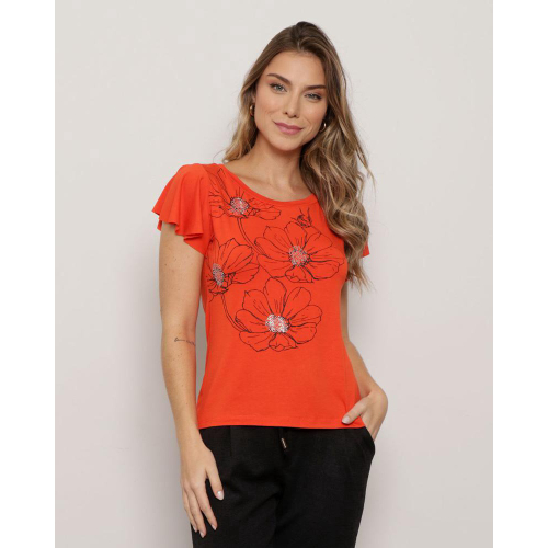 Blusa Feminina Estampa Floral Com Aplique Manga Curta Laranja em