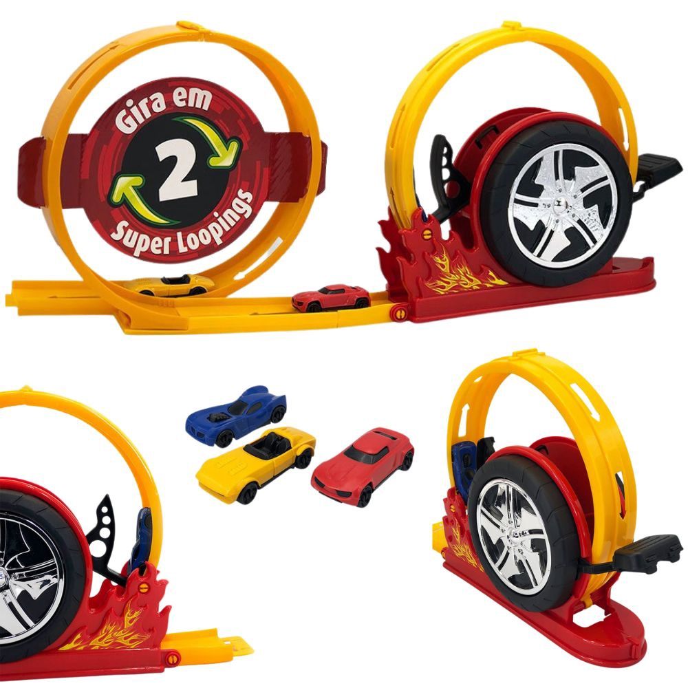 Pista de Carrinhos Super Duplo Looping 360 com Luz e 2 Carrinhos e